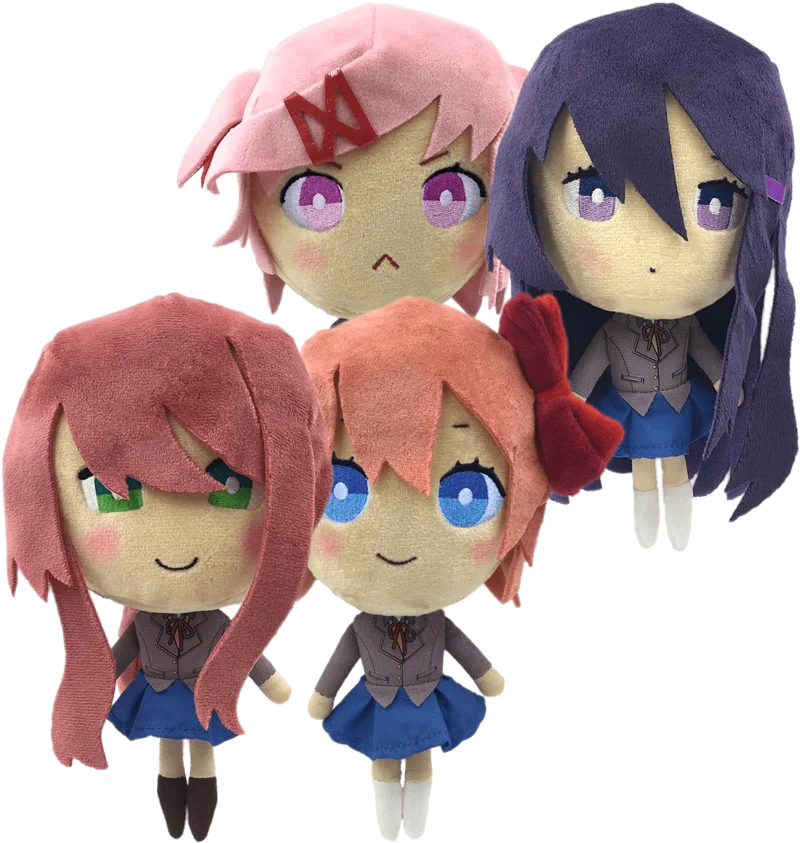 Plushies of Monika, Natsuki, Yuri and Sayori.